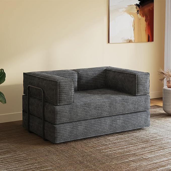 WLIVE 60'' Futon Sofa Bed Convertible Sleeper Sofa Folding Pull Out Couch Boneless Mattress with Fixed Frame Corduroy with Storage Pocket Grey