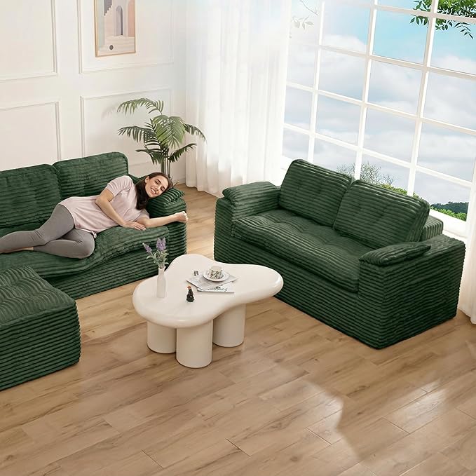 60in Loveseat Sofa Boneless Cloud Couch Sofa for Living Room 2 Seater Modern Lounge Sleeper Couch with Removable Cover Corduroy with Armrest Seat Cushion &amp Pillows for Small Spaces Green
