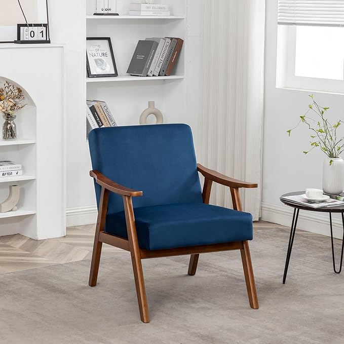 Accent Chair with Velvet Upholstery and Solid Wood e Classic Mid Century Living Room Furniture for Extra Seating Dark Blue