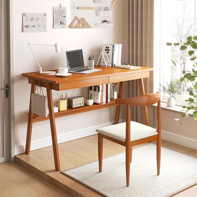 Solid Wood Desk with Drawers - 47.2 Inch Mid Century Modern Desks Writing Desk with Storage Shelf Home Office Desks for Bedroom &amp Home Walnut Color