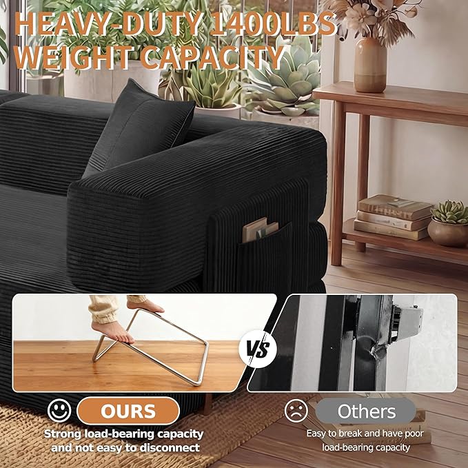 78.8 Convertible Sofa Bed with Armrest Pillow 4-in-1 Sleeper Couch Bed for Livingroom Modular Corduroy Boneless couches No Assembly (Black)