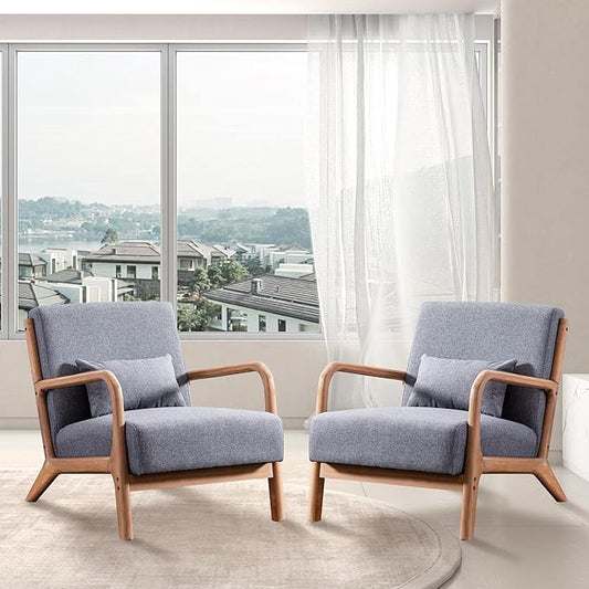 INZOY Mid-Century Modern Accent Chair Set of 2 Dark Grey Living Room Chairs with Waist Cushion Upholstered Reading Armchair for Bedroom Sunroom