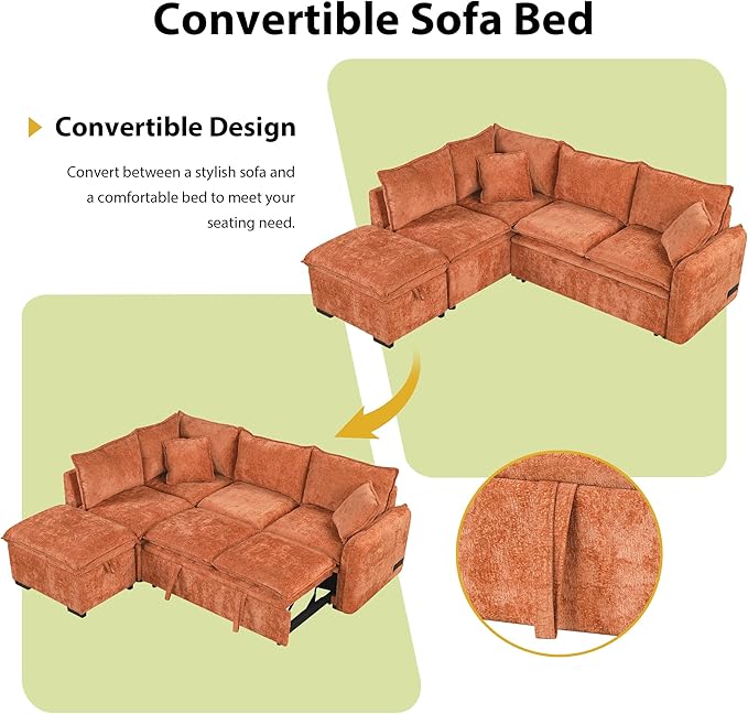 ERYE L-Shaped Corner Chenille Upholstered Sleeper Sectional Sofa Practical Convertible Sleep Sofabed W/Pull Out Sleep Couch Bed Storage Ottoman and USB Charge Ports for Living Room