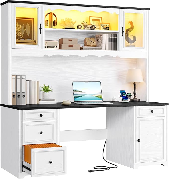 YITAHOME Executive Desk with Hutch and Drawers Farmhouse Computer Desk with Power Outlet &amp LED Lights Home Office Desks with Storage Shelves Storage Cabinet with Glass Door White &amp Black