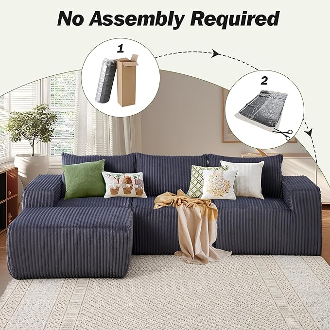 101 L Shaped Boneless Sectional Couch Cloud Memory Foam Couch for Living Room &amp Apartment Corduroy Upholstered Sofa Bed with Chaise Movable Ottoman No Assembly RequiredDark Gray
