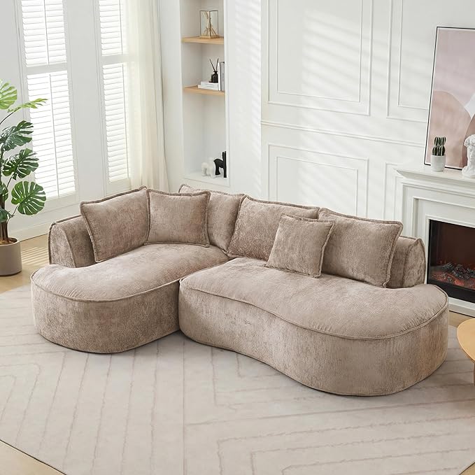 Modern Luxurious Oversized Boneless Couches Sectional Curved Sofa with 6 Pillows L-Shape Boneless Couch with Deep Seat High-Density Memory Foam No Assembly Required Chenille (Brown)