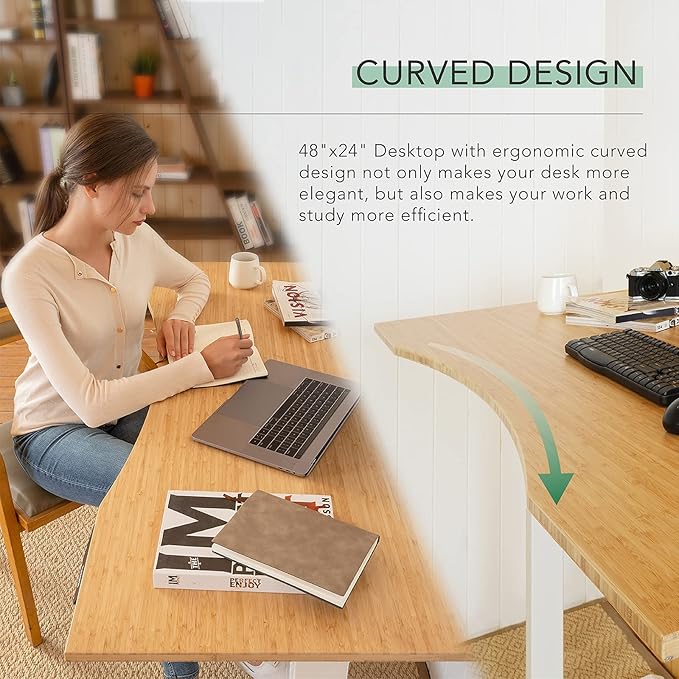 FlexiSpot E6 Bamboo 3-Stage Dual Motor Electric Standing Desk 55 x 28 Sit Stand Up Desk Holds 220 lbs Adjustable Height w/ Memory Presets Solid Bamboo Curved Desktop &amp White Frame Ships in 2 B
