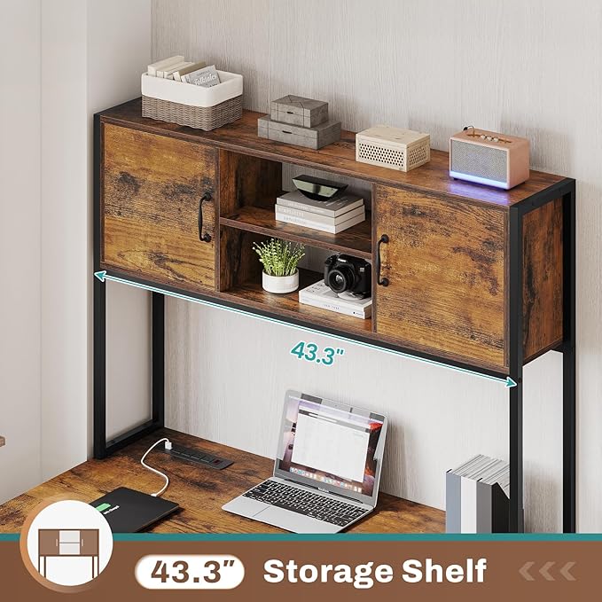 SEDETA L Shaped Desk with Drawers 62.2 Home Office Desk with Fabric File Drawers and Power Outlet L Shaped Desk with Hutch Storage Shelves LED Lights Rustic Brown