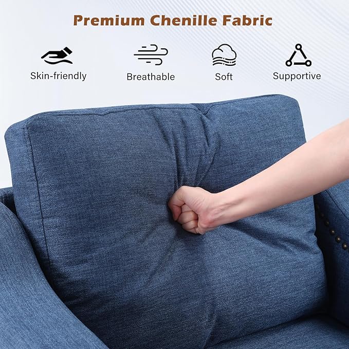 Modern 3 Piece Sofa Set with Rivets Included Chenille Accent Chair Upholstered 3-Seater Couches with Solid Wood Legs and Storage Ottoman Living Room Furniture SetBlue