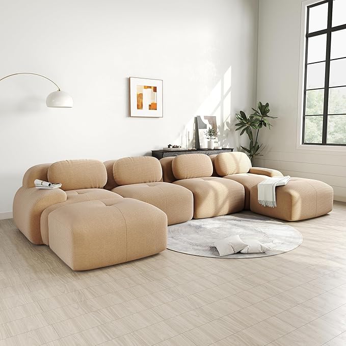 152.7 U-Shaped Cloud Couch Modular Sectional Sofa - Boneless Deep Seat 4-Seater with 2 Movable Ottomans No Assembly Corduroy Upholstery Couches for Living Room (Camel)