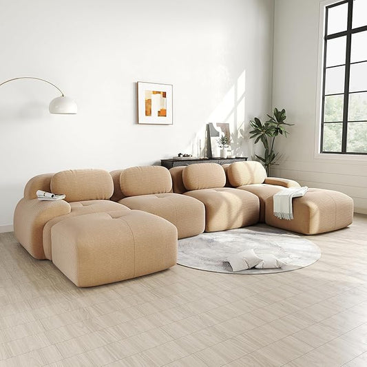152.7 U-Shaped Cloud Couch Modular Sectional Sofa - Boneless Deep Seat 4-Seater with 2 Movable Ottomans No Assembly Corduroy Upholstery Couches for Living Room (Camel)