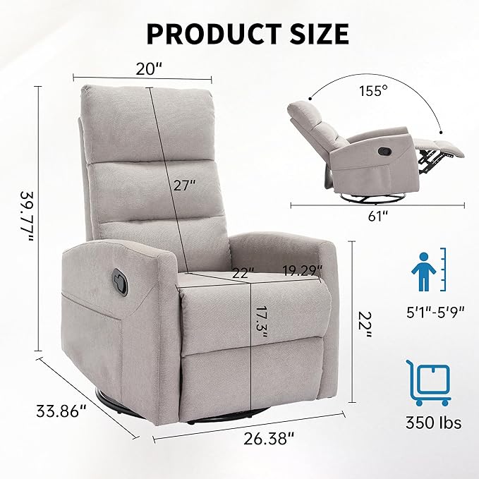 360° Swivel Rocking Chair for Nursery Manual Glider Chair Nursing Chair with Side Pockets Polyester Glider for Living Room Heavy Duty Motion Mechanism Light Gray