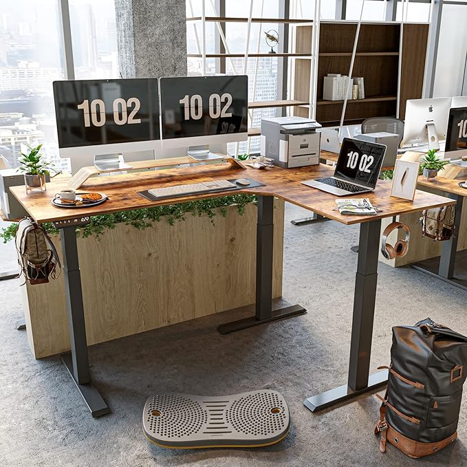 BANTI Triple Motors L-Shaped Electric Standing Desk 63 Inches Adjustable Height Stand Up Desk Sit Stand Home Office Desk with Rustic Brown Top/Black Frame