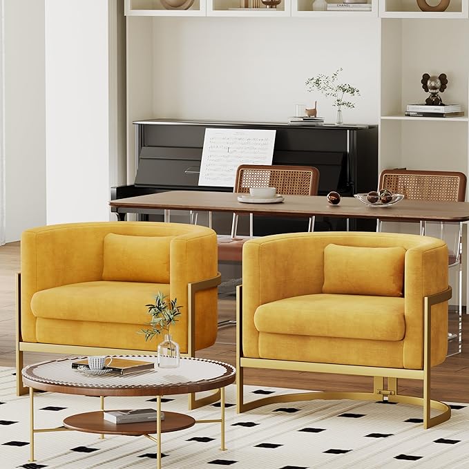 Alunaune Upholstered Velvet Living Room Chair Barrel Accent Chair Modern Armchair Mid Century Lounge Chair Sofa Tub Bucket Club Side Chair for Bedroom-Yellow
