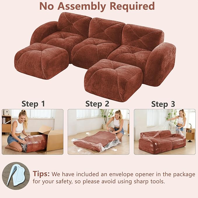 Boneless Couch Modular Sectional Sofa 110.6 U Shaped Sectional Couches for Living Room 3 Seater Cloud Couch with Ottoman Retro Velvet Floor Sofa for Bedroom No Assembly RequiredRed-Brown