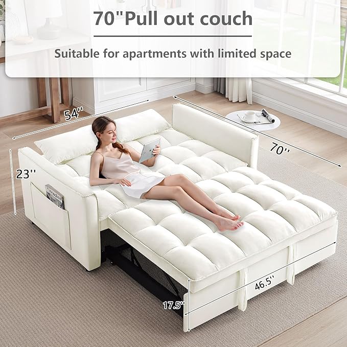 3 in 1 Convertible Sleeper Sofa BedFuton Loveseat Couch with Pull-Out Bed &amp Adjustable BackrestVelvet Fabric Sofa with Side Pocket for Small Apartment Living Room Office (Beige)