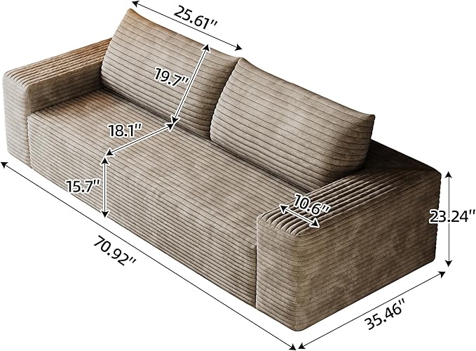 71 3-Seater Love Seat SofaNo Assembly Required Plush Corduroy Loveseat Boneless Couch with High Cushion Backrest and Wider Armrest for Living Room Apartment BedroomCamel