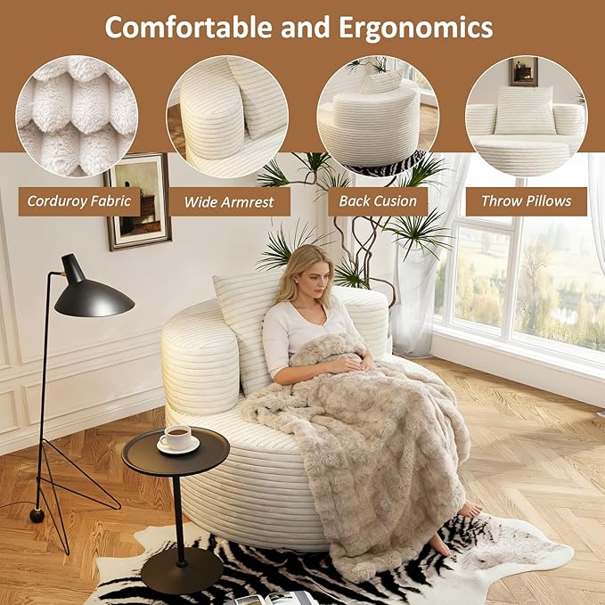 37.4 Boneless Round Chair Oversized Chaise Lounge Cloud Chair Indoor Upholstered Corduroy Deep Seat Sofa Accent Chair No Assembly Required for Living Room Bedroom Apartment