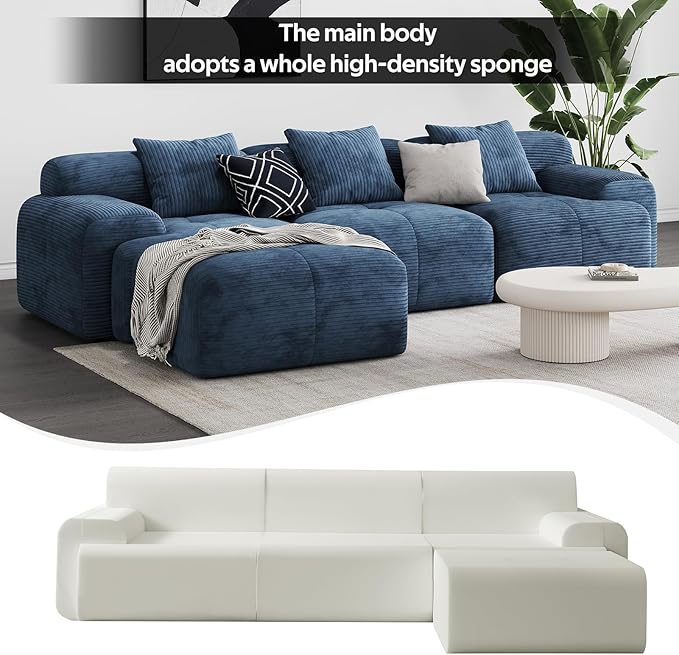 118 Oversized 3-Seater Cloud CouchL-Shaped Boneless Couch Modern Corduroy Upholstery couches for Living Room Modular sectional SofaMovable Ottoman No Assembly Required (Blue)