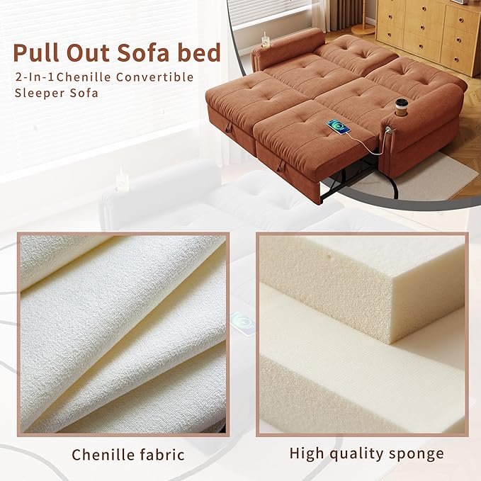 80.4 Convertible Sofa Bed with Cup Holders and Adjustable Backres Chenille Loveseat Sleeper Sofa with Pull Out Bed and USB Charging 3 in 1 Multi-Functional Couches (Orange 80.4-inch)