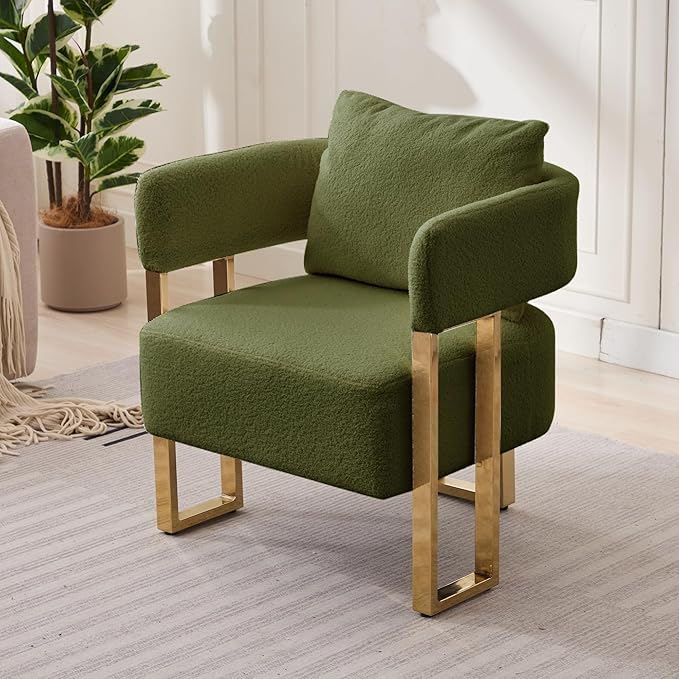 YITAI Modern Accent Chairs no Wheels Living Room Side Chairs Set of 2 with Golden Metal Legs Barrel Soft Teddyt Upholstered Reading Armchairs for OfficeReception RoomBedroomLoungeGreen