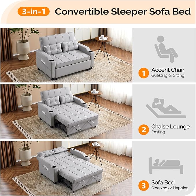 VINGLI Light Grey Futon Sofa Bed Convertible Loveseat Sleeper Couch Faux Leather Pullout Sofa Fold Out Couch Bed with USB Ports Cup Holders Armrest for Living Room Bedroom Apartment Room