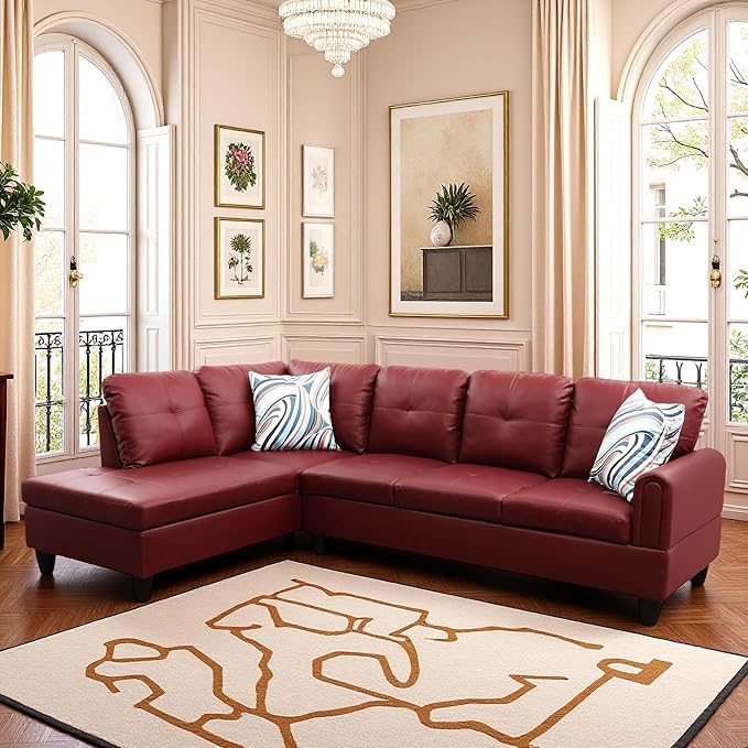 L Shaped Couch Sectional Couches with Chaise 3 Pieces Modular Convertible Sofa for Living Room Furniture Sets and Small Apartment Faux Leather Ruby
