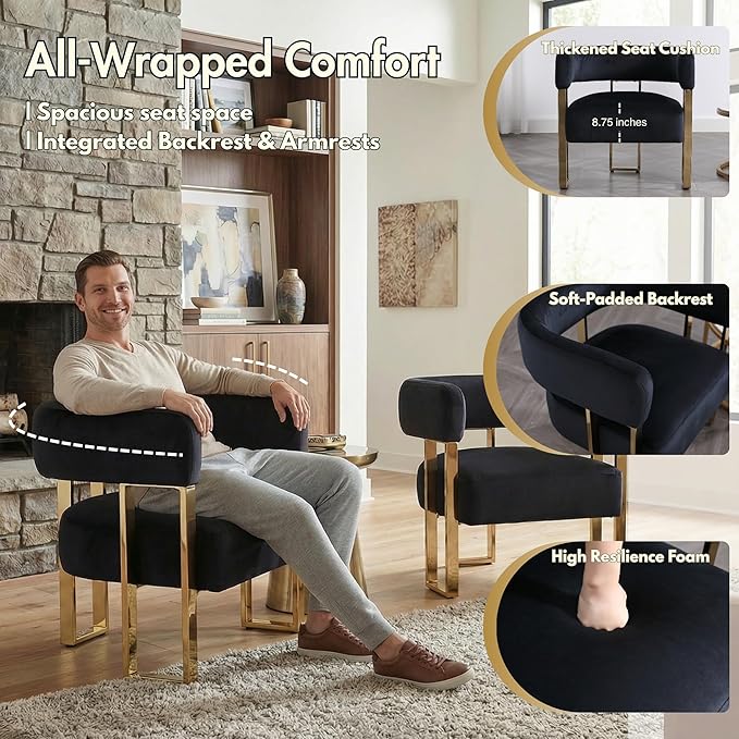 Modern Barrel Accent Chair for Living Room Comfy Velvet Upholstered Armchair with Semi-Open Back Reading Chair Single Sofa Chair with Gold Metal Legs for Bedroom Vanity Reception Black 1 PC