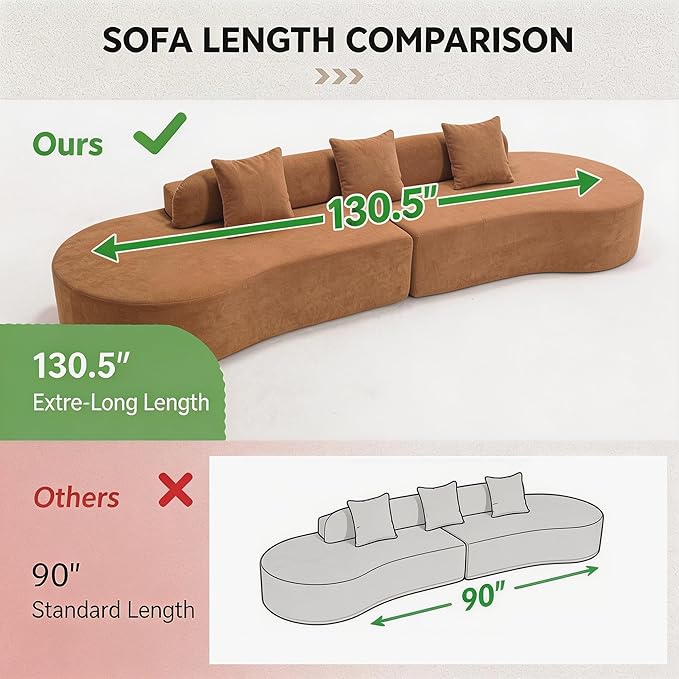 Txtin's 130” Boneless Sectional Couches for Living Room | Modern Curved Sofa Comfy Cloud Couch | Oversized Plush Modular Couch with 3 Pillows | Brown