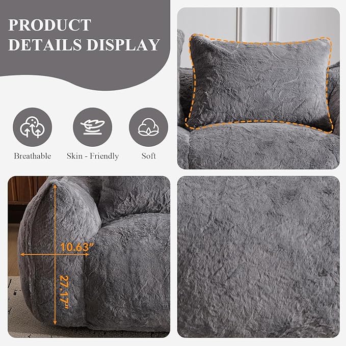 Alpen 75 Couch Loveseat Boneless Sofas with Armrests Faux Rabbit Fur Fabric Couches with Tufted Cushion &amp Backrest Sofa in a Box Large Bean Bag Chair for Bedroom Living Room Grey