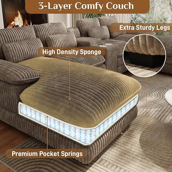 133 Oversized U Shaped Cloud Couch Modular Sectional Couches for Living Room Comfy Corduroy Deep Seat Sofa Set with Double Chaise Lounge Storage Central Console Cup Holders USB Port Brown