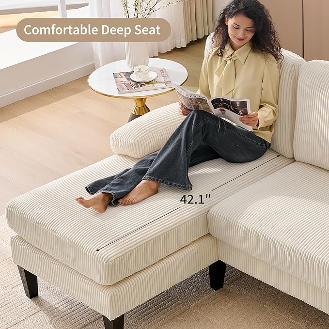 98 U Shaped Couch with 18 Seat Height Sectional Couches for Living Room 4 Seater Couch Set with Double Chaise for Apartment Living Room Sofas Corduroy Beige