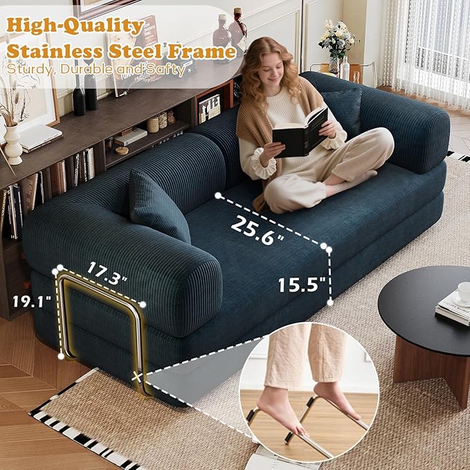 78.8 Corduroy Convertible Sofa Bed with Stainless Fixed-Shape Frame 4-in-1 Boneless Loveseat with Pull-Out Bed Lounge Futon Sofa Couch Floor Mattress for Living Room No Assembly Required(Blue) | C