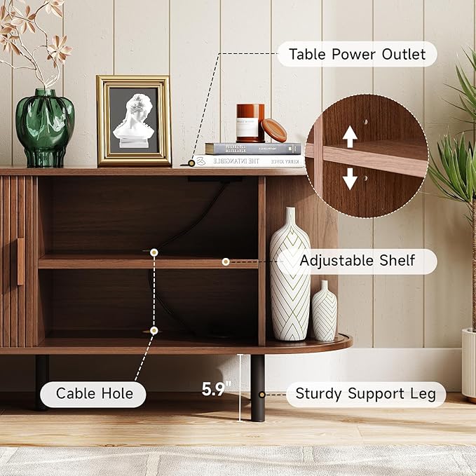 ONBRILL 55 TV Stand with Power Outlet for TVs up to 60 Inch Entertainment Center with Storage and Adjustable Shelves Modern Media Console with Sliding Doors for Living Room Walnut