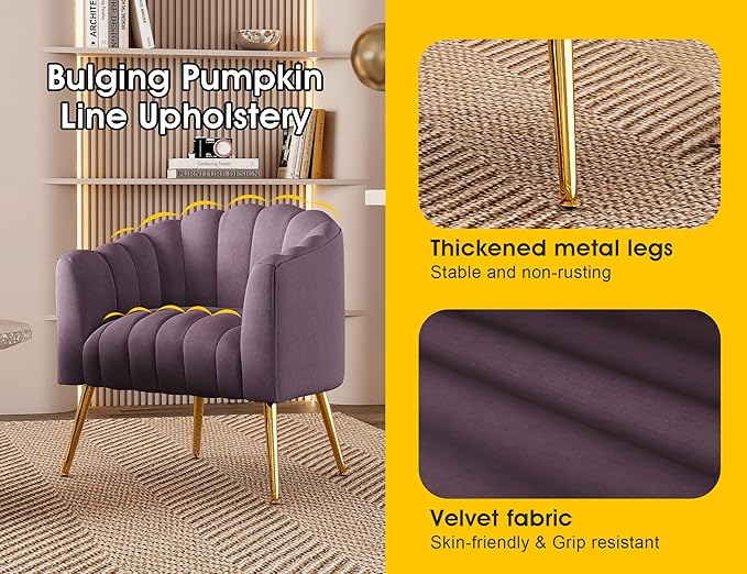 Oversized Pumpkin Couch Accent Chair Modern Comfy Velvet Upholstered Barrel Chairs Luxury Single Sofa Armchair for Living Room Waiting Room Office and Vanity (Purple)