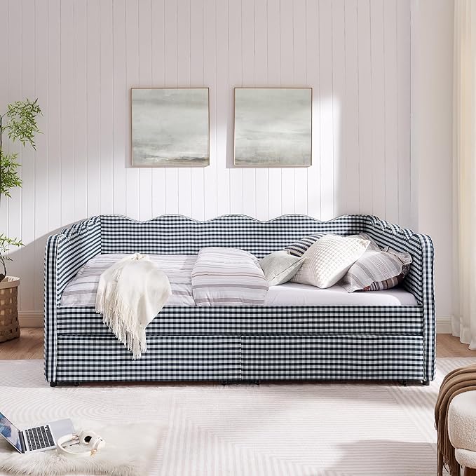 Cozy Gingham Daybed with 2 Drawers Queen Size Sofa Bed No Box Spring Needed with USB Port and Adorable Wave Shaped Linen Fabric Navy (Navy Blue+Queen+2 Drawers)
