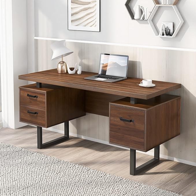 Home Office Computer Desk with Drawers/Hanging Letter-Size Files 59 inch Writing Study Table with Drawers