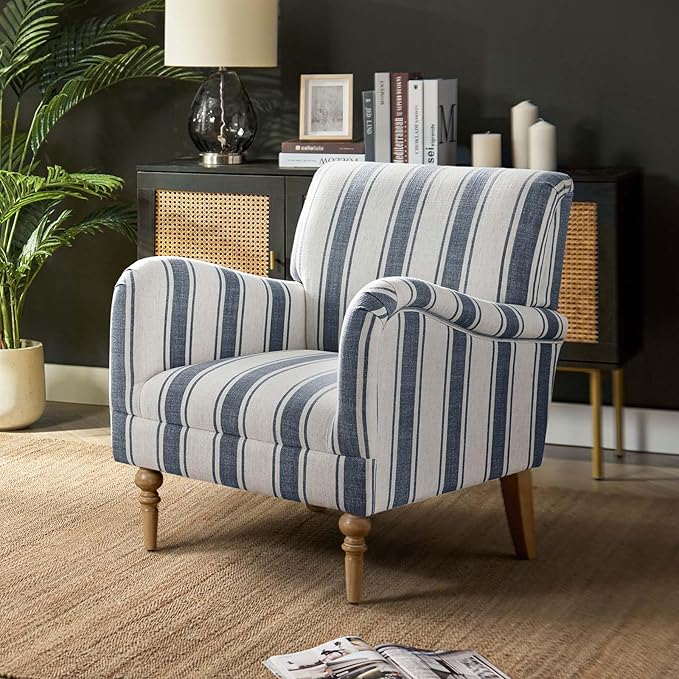 HULALA HOME Modern Accent Chair with Arms and Wooden Legs Comfy Upholstered Armchair for Living Room Bedroom (Stripe Pattern Navy)