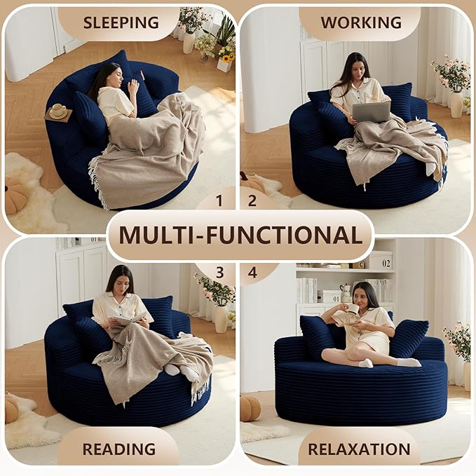 55'' Oversized Round Chair Lounge Chaise Indoor Cloud Boneless Large Circle Chair with Plush Corduroy No Assembly Required Fluffy Modern Sleeper Sofa Bed for Reading Living Room Bedroom(Blue)