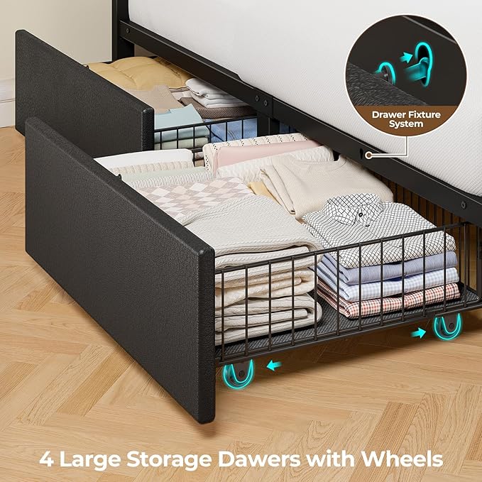 Seventable Queen Bed Frame with 4 Storage Drawers Charging Station &amp LED Lights Upholstered Headboard with 2-Tier Shelves Metal Platform Bed No Box Spring Needed Noise-Free Black