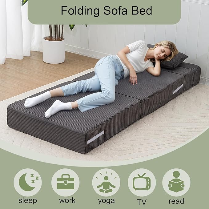 MeMoreCool Boneless Folding Chair Bed – Dark Grey Corduroy Single Sleeper Sofa 4-in-1 Convertible Futon Couch with Pillow Compact Fold-Out Floor Mattress with Washable Cover for Bedroom Guest Room