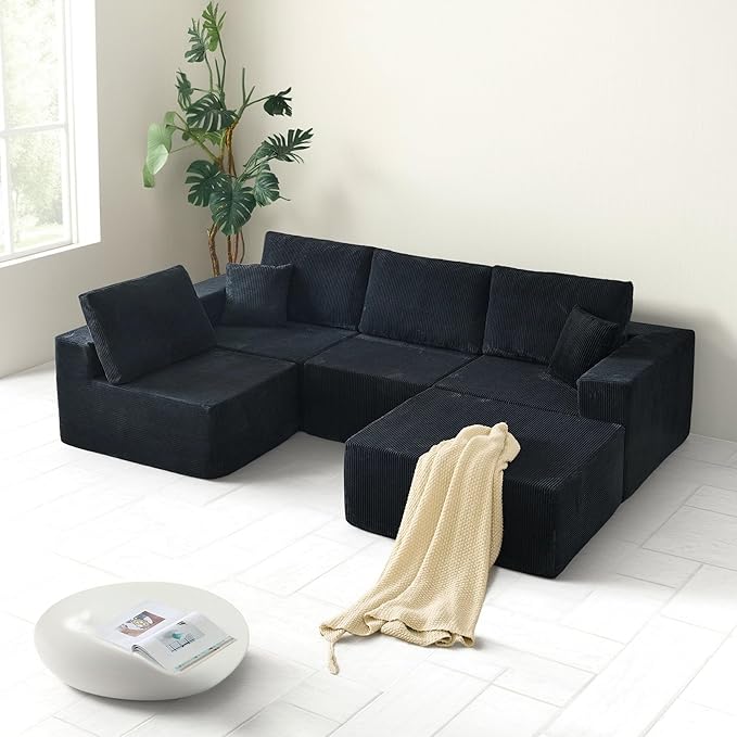 140 L Shaped Modular sectional couches SofaCorduroy Boneless Couches with Deep Seat and Movable OttomanComfy Cloud Sofa for Living Room BedroomNo Assembly (5 Seater Left Black)