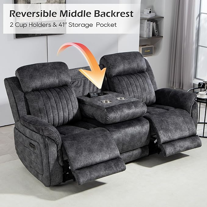 Zero Gravity Power Reclining Sofa with Adjustable Headrest Electric Reclining Couch with Wireless Charge USB Ports Power Loveseat Recliner Sofa for Living Room (Grey-Sofa)