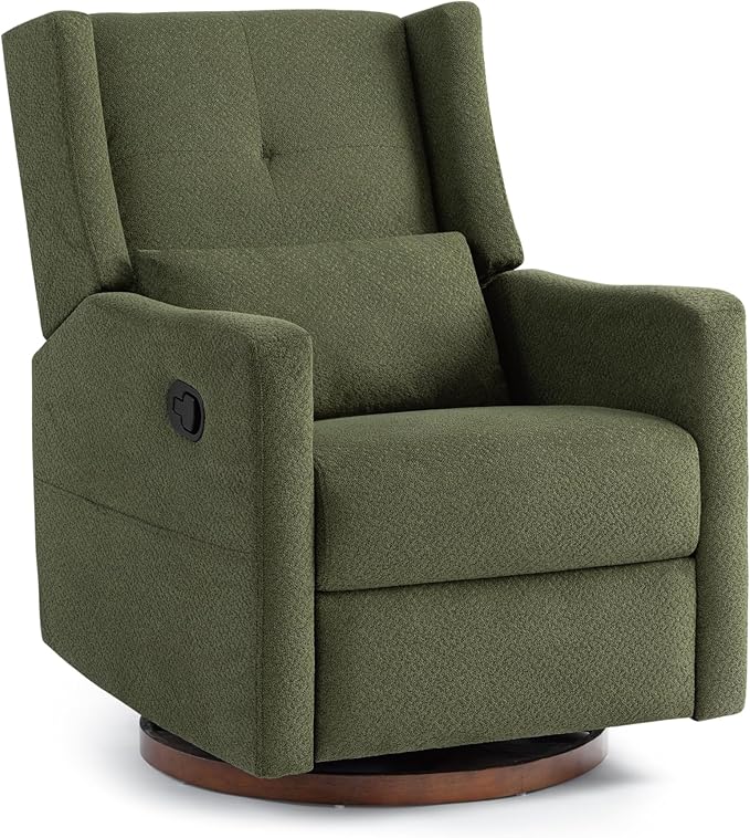 Swivel Rocker Recliner Chair Nursery Glider Recliner with Wood Base Manual Rocking Comfy Upholstered Fabric Reclining Single Sofa for Nursery Bedroom Living Room