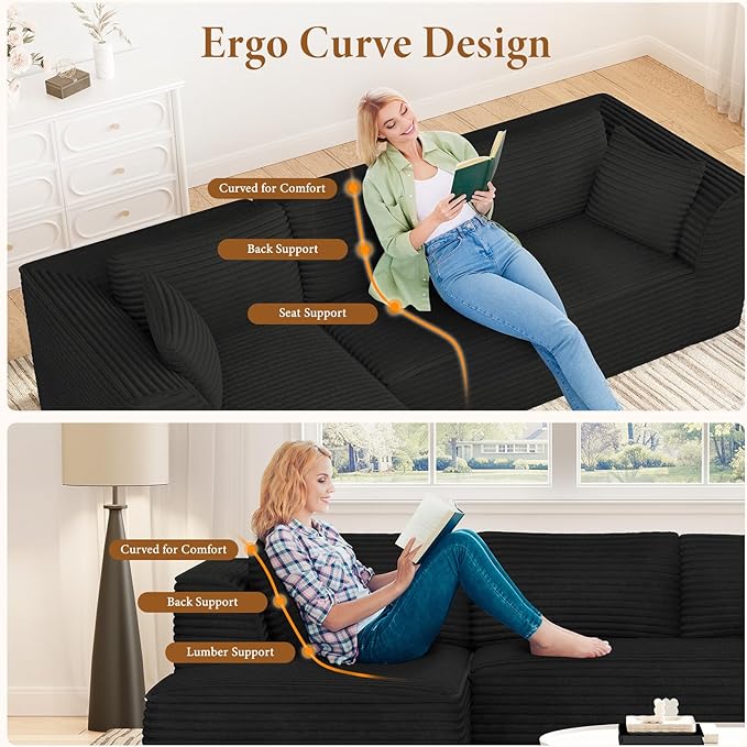 Vesgantti 106 Cloud Sectional Couch with Chaise Deep Seat Comfy Modular Sectional Sofa Corduroy Memory Foam Boneless Couches for Living Room Bedroom No Assembly Required (Black Left-Facing Chaise)