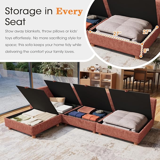 94 4 Seat Modular Sectional Sofa Removable Washable Couch Modular Sectional Sofa with Storage Solid Wood Frame L Shaped with Ottoman Couches for Living Room Office Apartment Brick Red