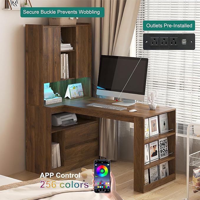 L-Shaped Home Office Desk with Hutch &amp Drawers Modern Corner Desk with LED Light &amp Bookshelf Wood Study Writing Table Gaming Computer Desk for Bedroom Home Wood