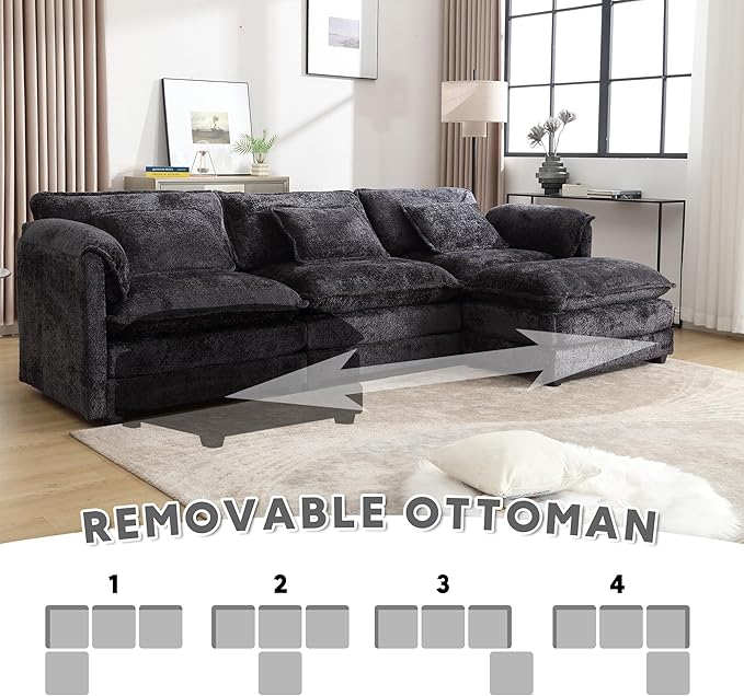Modern 112 L Shaped Sectional Sofa Cloud CouchChenille Comfy Boucle Modular Sleeper Sofa Upholstery Sofa with Ottoman &amp Memory Foam for Living Room Black