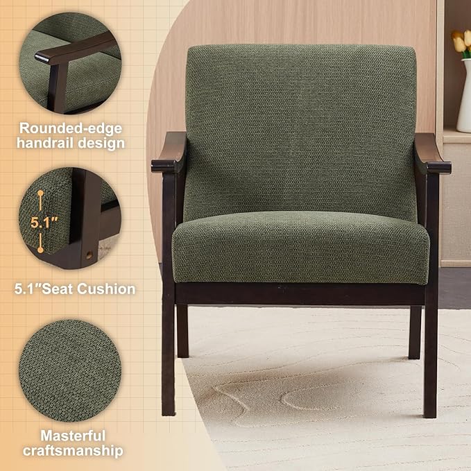 Mid-Century Modern Accent Chair Modern Armchair with High Back Upholstered Armchair with Solid Wood Legs Leisure Lounge Reading Chair for Living Room or Bedroom (Antique Green)
