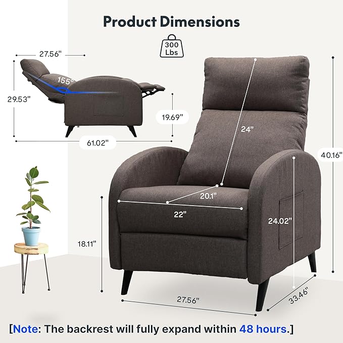 FLEXISPOT XC2 Recliner Chair for Adults Fabric Small Reclining Chair Home Theater Seating with Side Pockets Adjustable Modern Single Sofa Armchair Extended Footrest for Living Room(Brown)